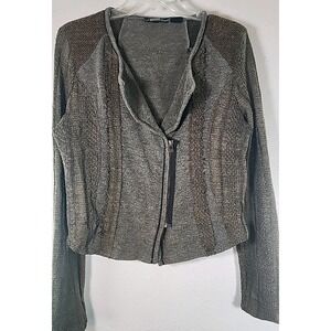 MISS ME Designer Cardigan Sweater women Lg Gray Green Brown Crochet & knit ZipUp